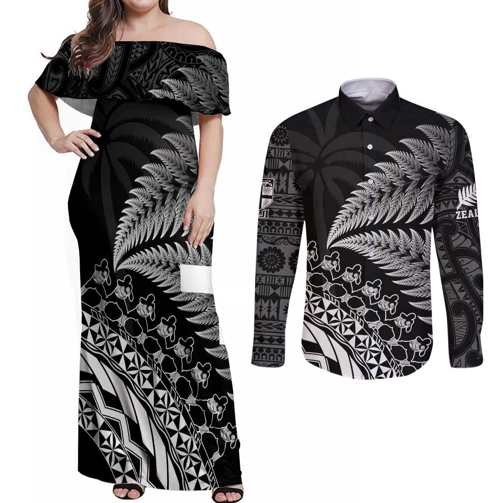 Custom Fiji New Zealand Rugby Couples Matching Off Shoulder Maxi Dress and Long Sleeve Button Shirt Cibi Dance with Black Fern LT9 Black - Polynesian Pride