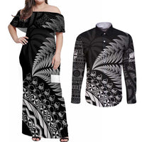 Custom Fiji New Zealand Rugby Couples Matching Off Shoulder Maxi Dress and Long Sleeve Button Shirt Cibi Dance with Black Fern LT9 Black - Polynesian Pride