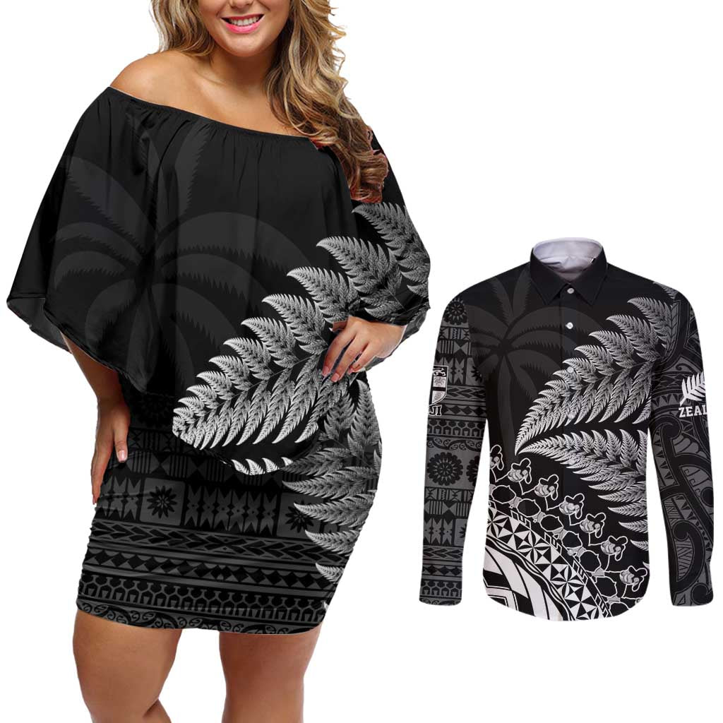 Custom Fiji New Zealand Rugby Couples Matching Off Shoulder Short Dress and Long Sleeve Button Shirt Cibi Dance with Black Fern LT9 Black - Polynesian Pride