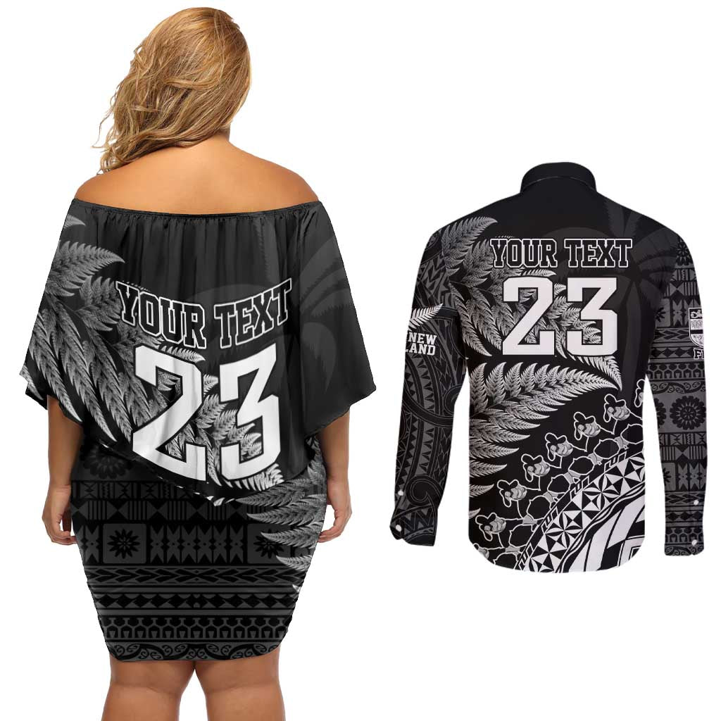 Custom Fiji New Zealand Rugby Couples Matching Off Shoulder Short Dress and Long Sleeve Button Shirt Cibi Dance with Black Fern LT9 - Polynesian Pride