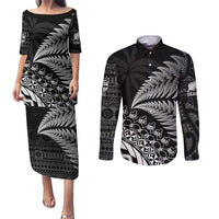 Custom Fiji New Zealand Rugby Couples Matching Puletasi and Long Sleeve Button Shirt Cibi Dance with Black Fern LT9 Black - Polynesian Pride