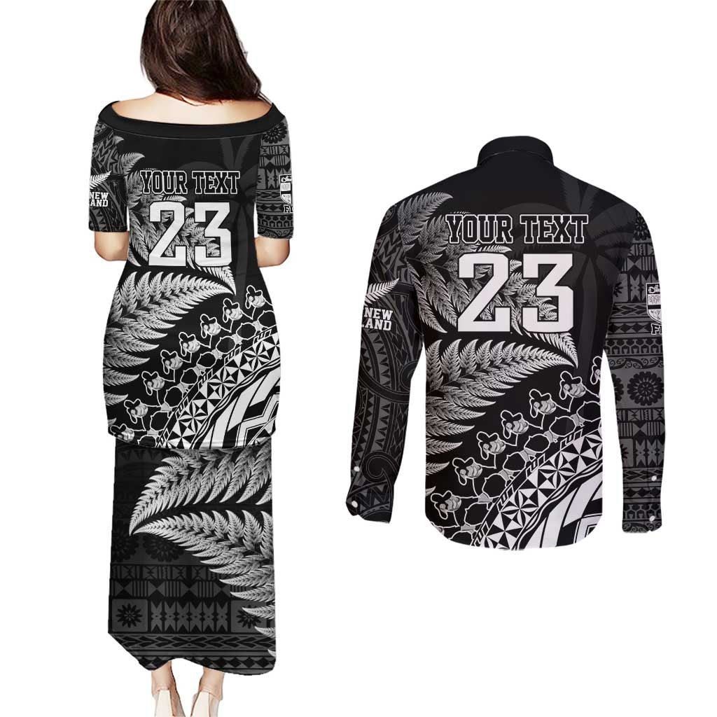 Custom Fiji New Zealand Rugby Couples Matching Puletasi and Long Sleeve Button Shirt Cibi Dance with Black Fern LT9 - Polynesian Pride