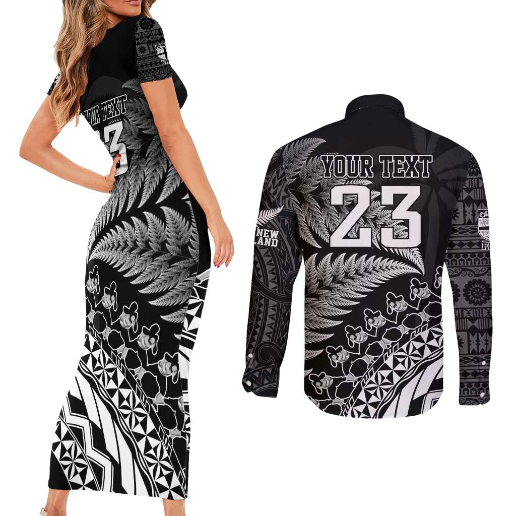 Custom Fiji New Zealand Rugby Couples Matching Short Sleeve Bodycon Dress and Long Sleeve Button Shirt Cibi Dance with Black Fern LT9 - Polynesian Pride