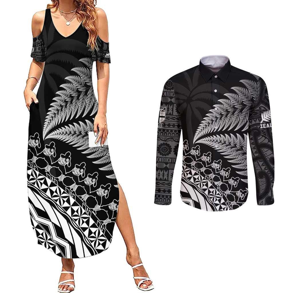 Custom Fiji New Zealand Rugby Couples Matching Summer Maxi Dress and Long Sleeve Button Shirt Cibi Dance with Black Fern LT9 Black - Polynesian Pride