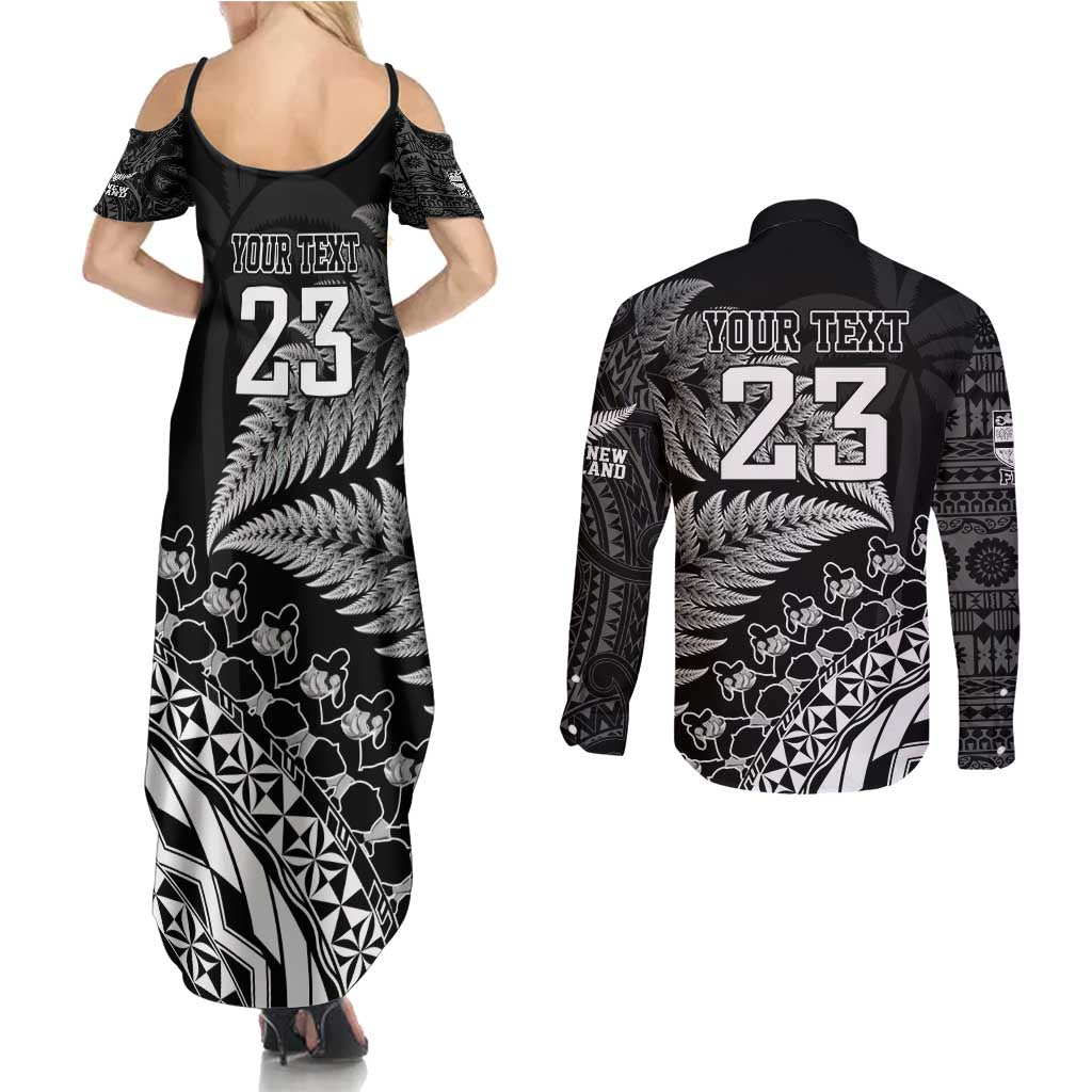 Custom Fiji New Zealand Rugby Couples Matching Summer Maxi Dress and Long Sleeve Button Shirt Cibi Dance with Black Fern LT9 - Polynesian Pride