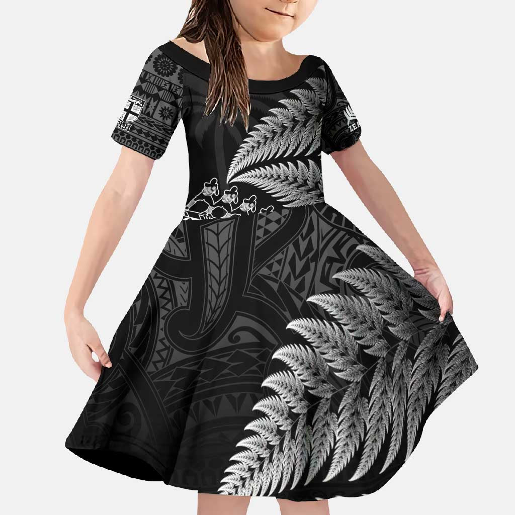 Custom Fiji New Zealand Rugby Family Matching Long Sleeve Bodycon Dress and Hawaiian Shirt Cibi Dance with Black Fern LT9 Daughter's Dress Black - Polynesian Pride