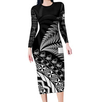 Custom Fiji New Zealand Rugby Family Matching Long Sleeve Bodycon Dress and Hawaiian Shirt Cibi Dance with Black Fern LT9 Mom's Dress Black - Polynesian Pride