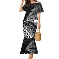 Custom Fiji New Zealand Rugby Family Matching Mermaid Dress and Hawaiian Shirt Cibi Dance with Black Fern LT9 Mom's Dress Black - Polynesian Pride