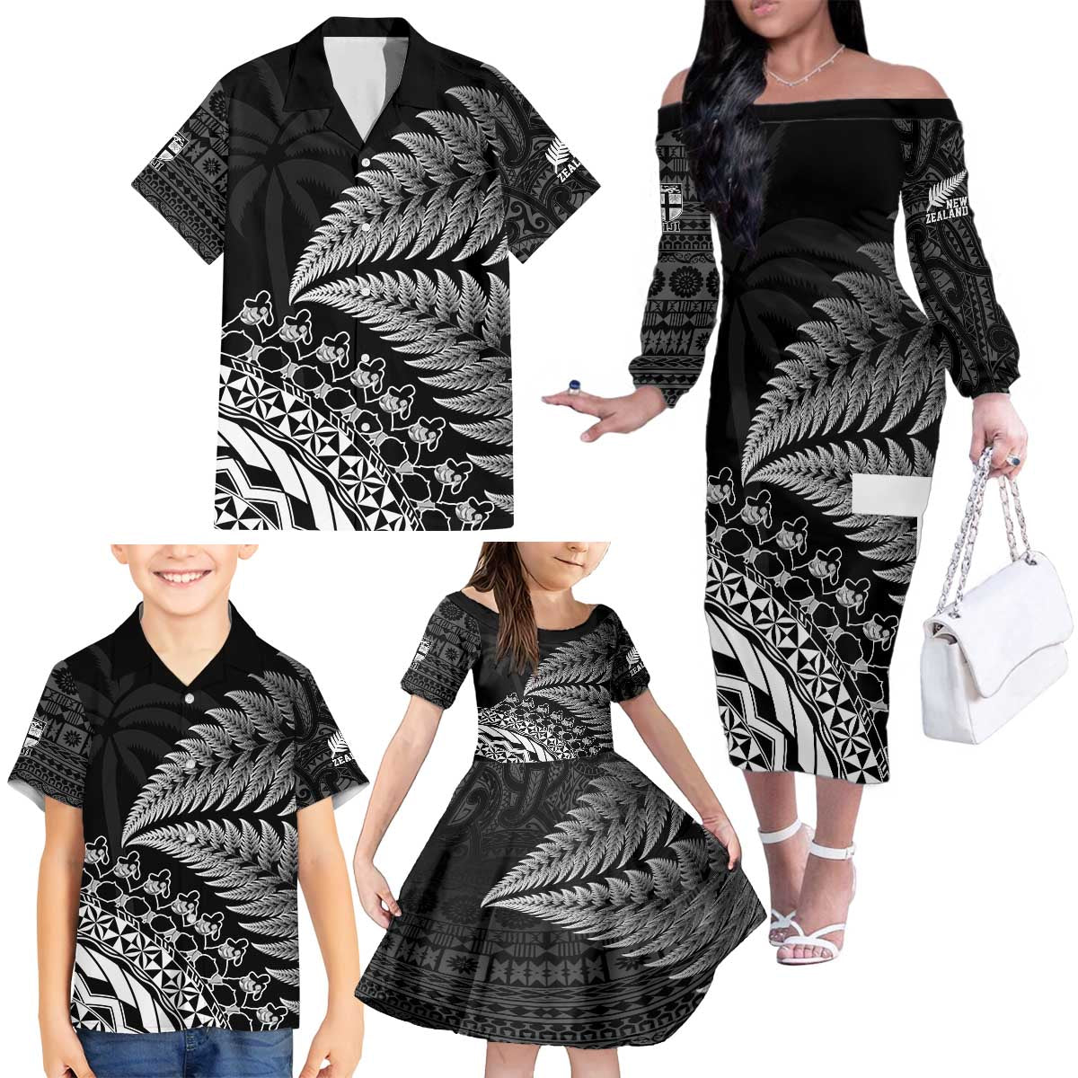 Custom Fiji New Zealand Rugby Family Matching Off The Shoulder Long Sleeve Dress and Hawaiian Shirt Cibi Dance with Black Fern LT9 - Polynesian Pride