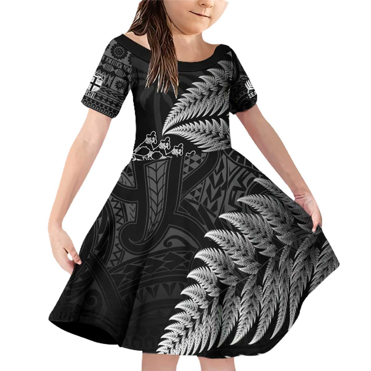 Custom Fiji New Zealand Rugby Family Matching Off Shoulder Short Dress and Hawaiian Shirt Cibi Dance with Black Fern LT9 Daughter's Dress Black - Polynesian Pride