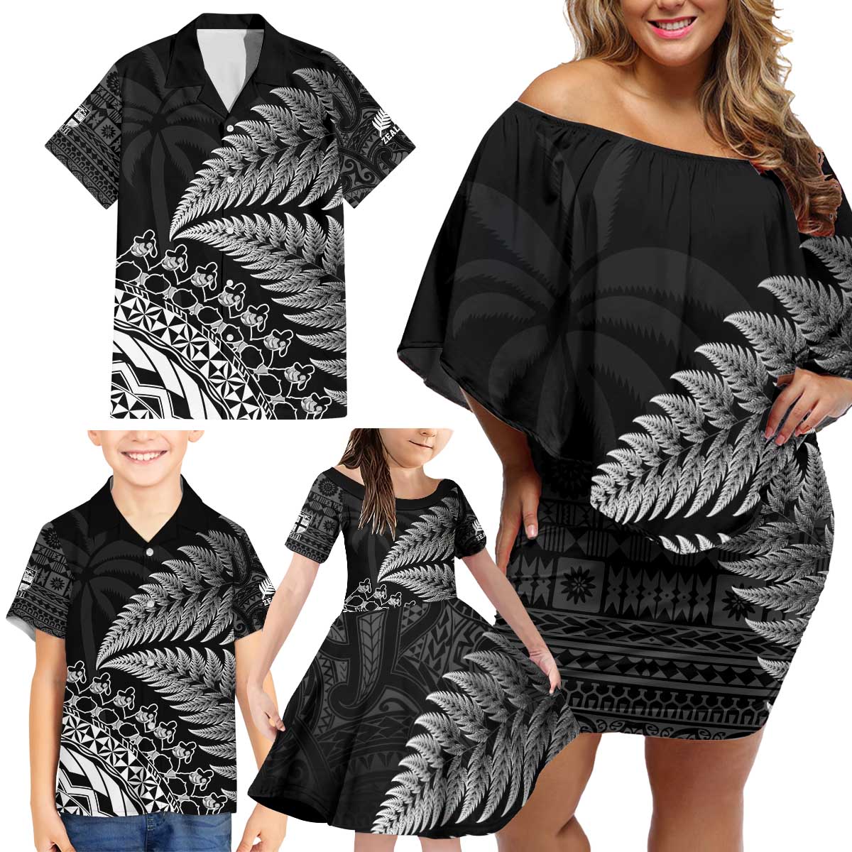 Custom Fiji New Zealand Rugby Family Matching Off Shoulder Short Dress and Hawaiian Shirt Cibi Dance with Black Fern LT9 - Polynesian Pride