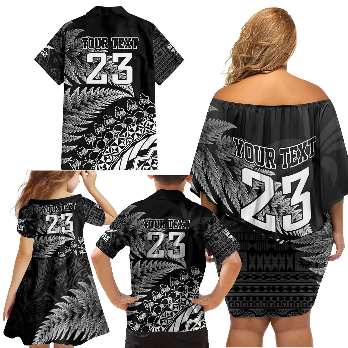 Custom Fiji New Zealand Rugby Family Matching Off Shoulder Short Dress and Hawaiian Shirt Cibi Dance with Black Fern LT9 - Polynesian Pride