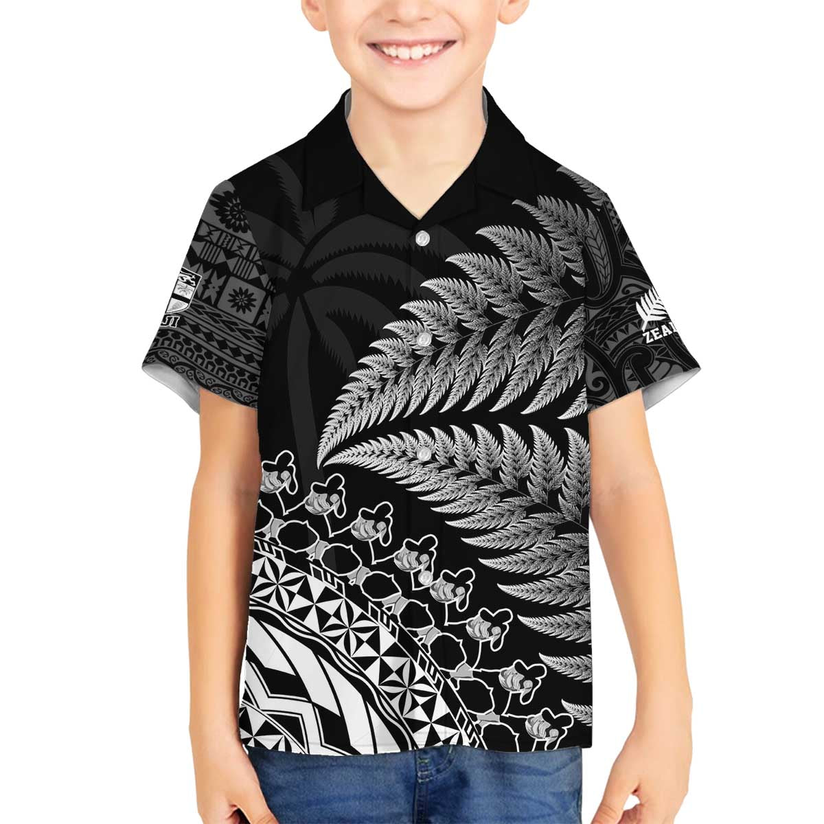 Custom Fiji New Zealand Rugby Family Matching Off Shoulder Short Dress and Hawaiian Shirt Cibi Dance with Black Fern LT9 Son's Shirt Black - Polynesian Pride