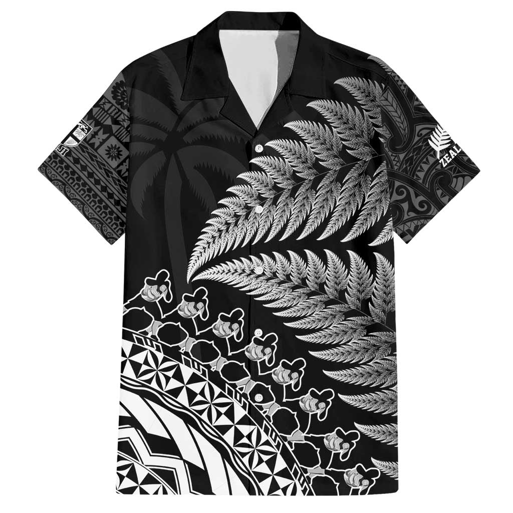 Custom Fiji New Zealand Rugby Family Matching Short Sleeve Bodycon Dress and Hawaiian Shirt Cibi Dance with Black Fern LT9 Dad's Shirt - Short Sleeve Black - Polynesian Pride