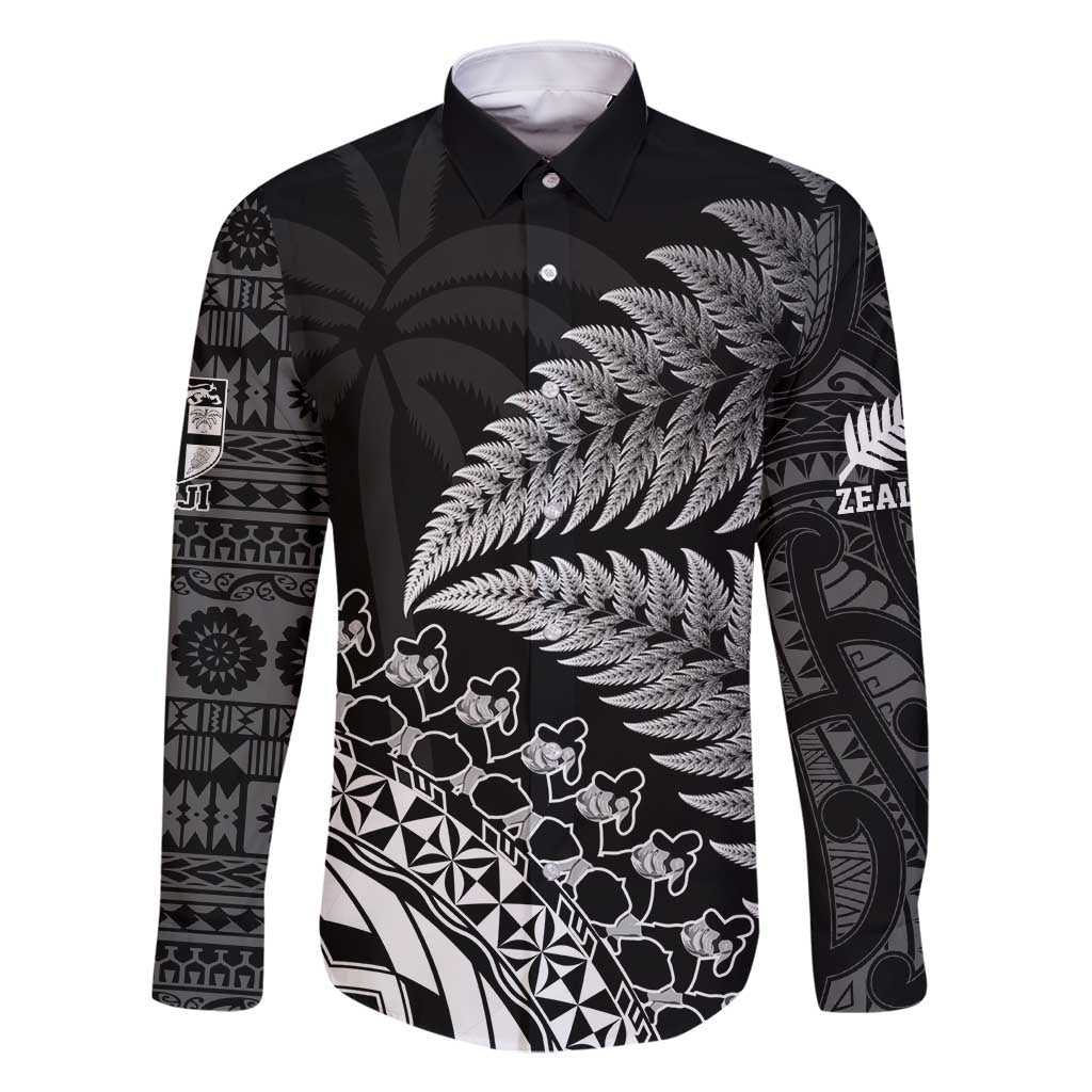 Custom Fiji New Zealand Rugby Family Matching Summer Maxi Dress and Hawaiian Shirt Cibi Dance with Black Fern LT9 Dad's Shirt - Long Sleeve Black - Polynesian Pride