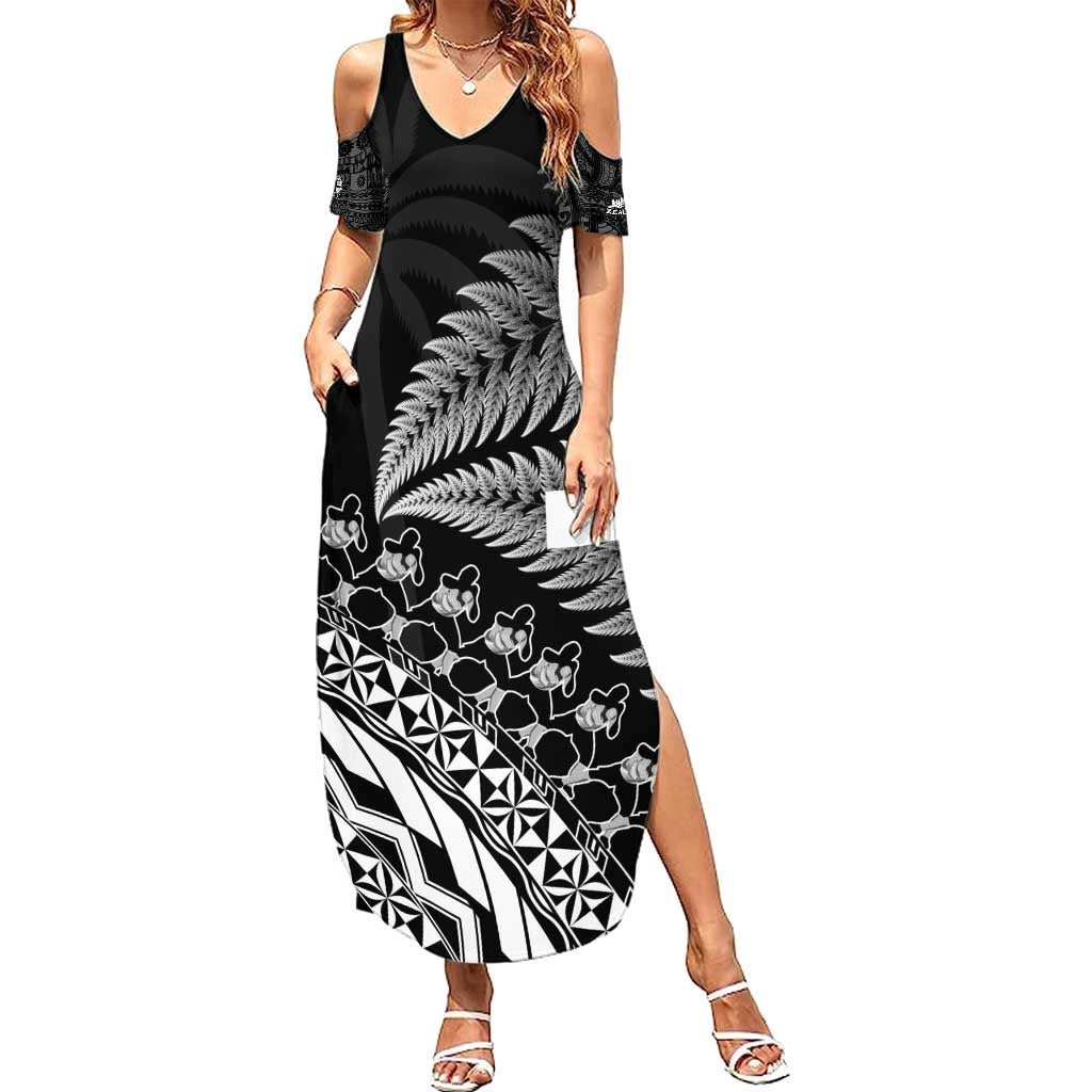 Custom Fiji New Zealand Rugby Family Matching Summer Maxi Dress and Hawaiian Shirt Cibi Dance with Black Fern LT9 Mom's Dress Black - Polynesian Pride