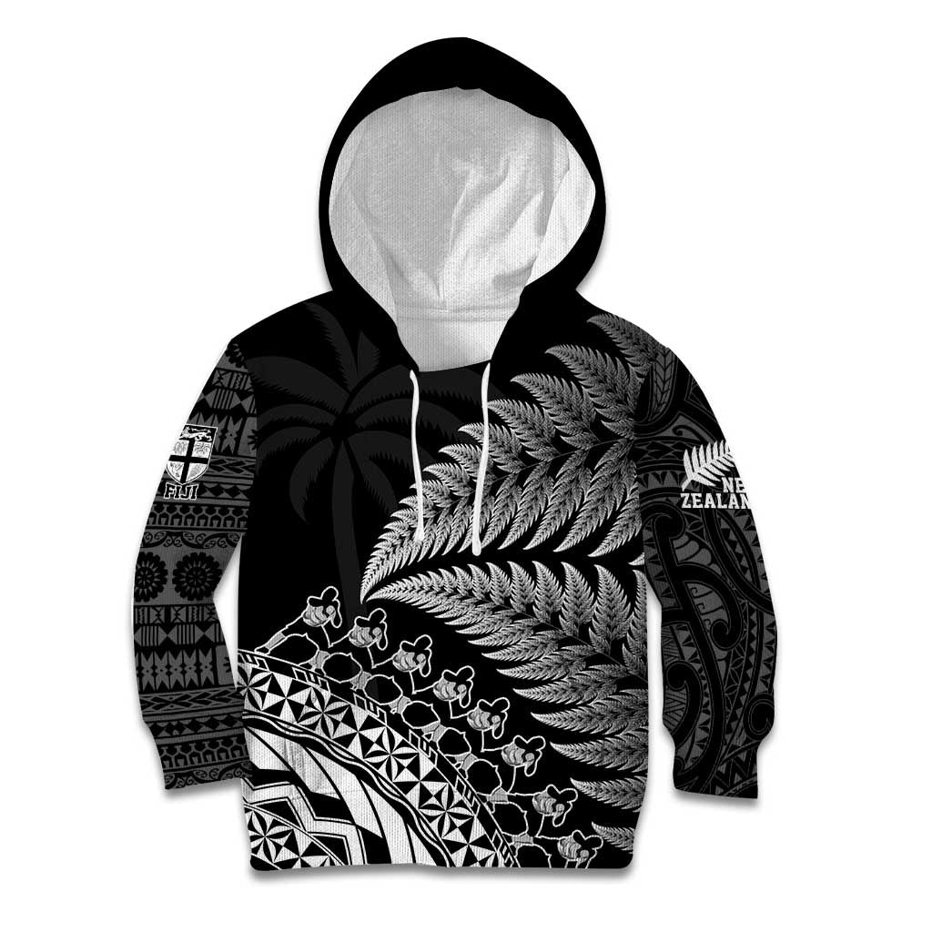 Custom Fiji New Zealand Rugby Kid Hoodie Cibi Dance with Black Fern LT9 Hoodie Black - Polynesian Pride