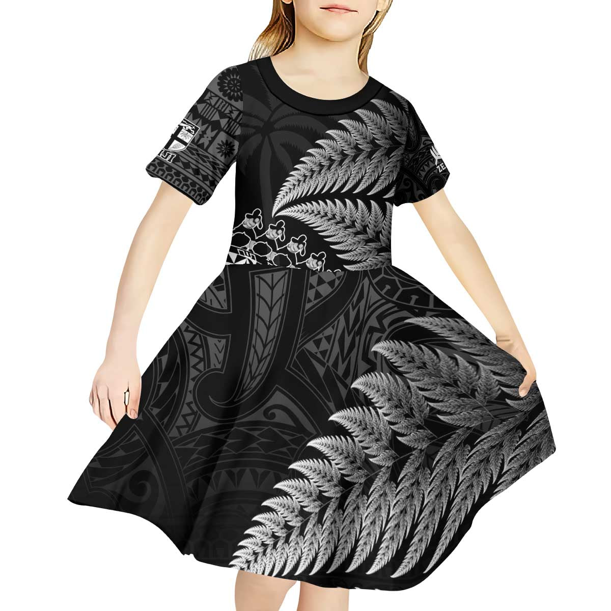 Custom Fiji New Zealand Rugby Kid Short Sleeve Dress Cibi Dance with Black Fern LT9 - Polynesian Pride