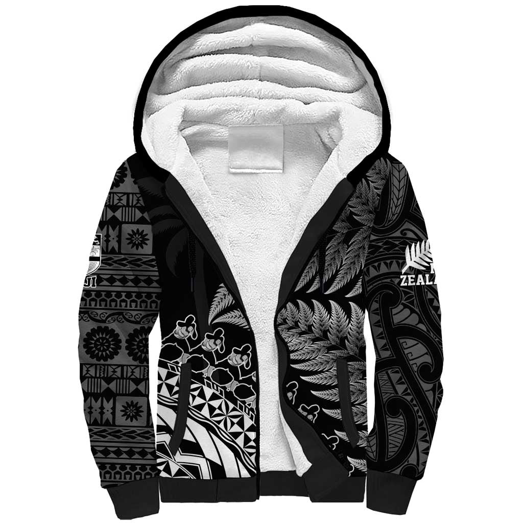 Custom Fiji New Zealand Rugby Sherpa Hoodie Cibi Dance with Black Fern LT9 Unisex Black - Polynesian Pride