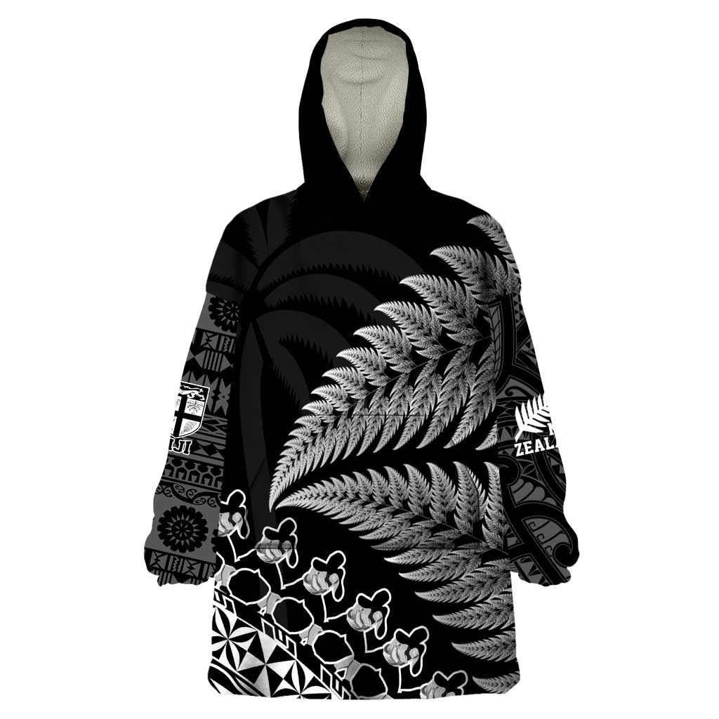 Custom Fiji New Zealand Rugby Wearable Blanket Hoodie Cibi Dance with Black Fern LT9 One Size Black - Polynesian Pride