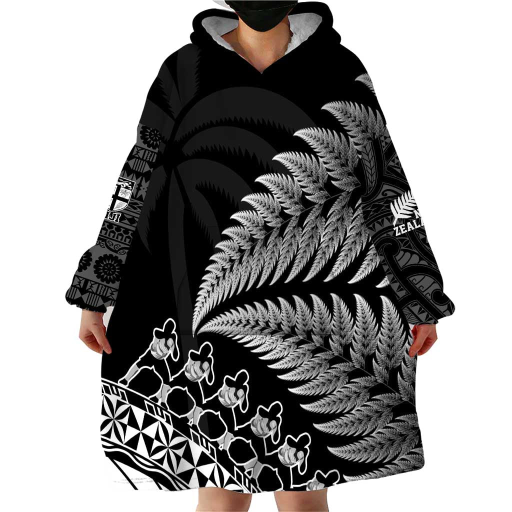 Custom Fiji New Zealand Rugby Wearable Blanket Hoodie Cibi Dance with Black Fern LT9 - Polynesian Pride