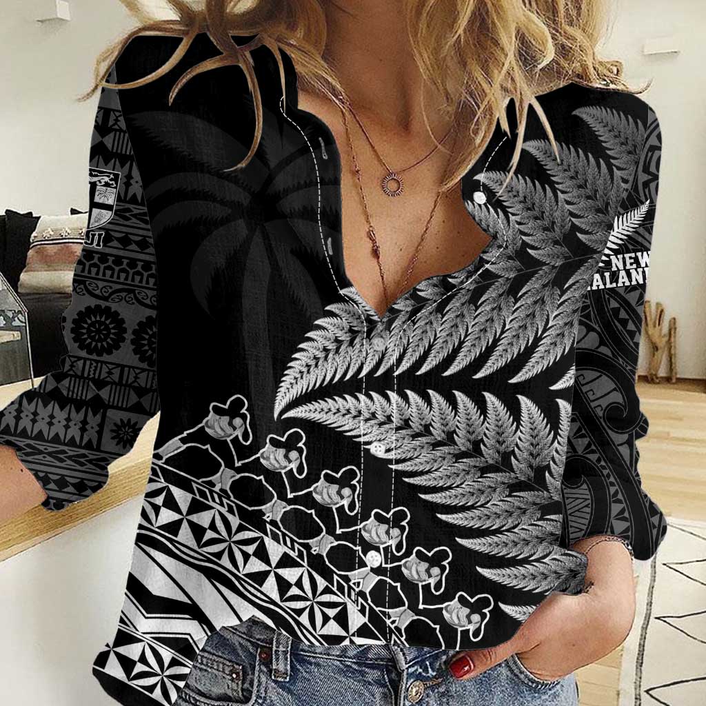 Custom Fiji New Zealand Rugby Women Casual Shirt Cibi Dance with Black Fern LT9 Female Black - Polynesian Pride