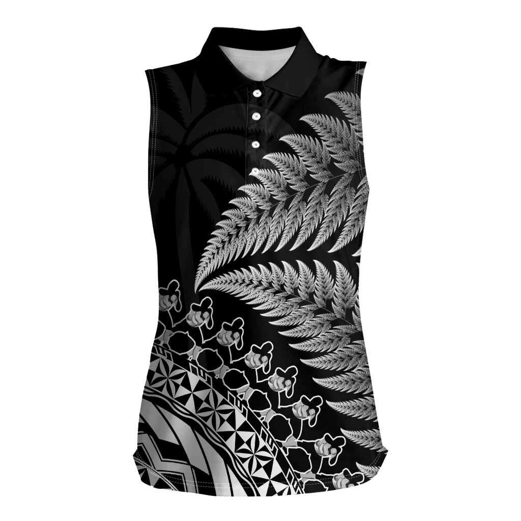Custom Fiji New Zealand Rugby Women Sleeveless Polo Shirt Cibi Dance with Black Fern LT9 Female Black - Polynesian Pride