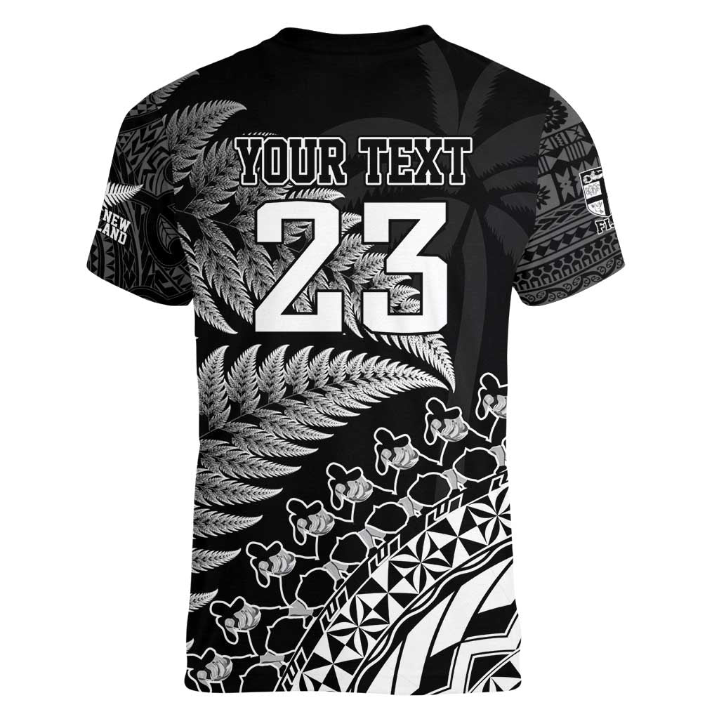 Custom Fiji New Zealand Rugby Women V-Neck T-Shirt Cibi Dance with Black Fern LT9 - Polynesian Pride