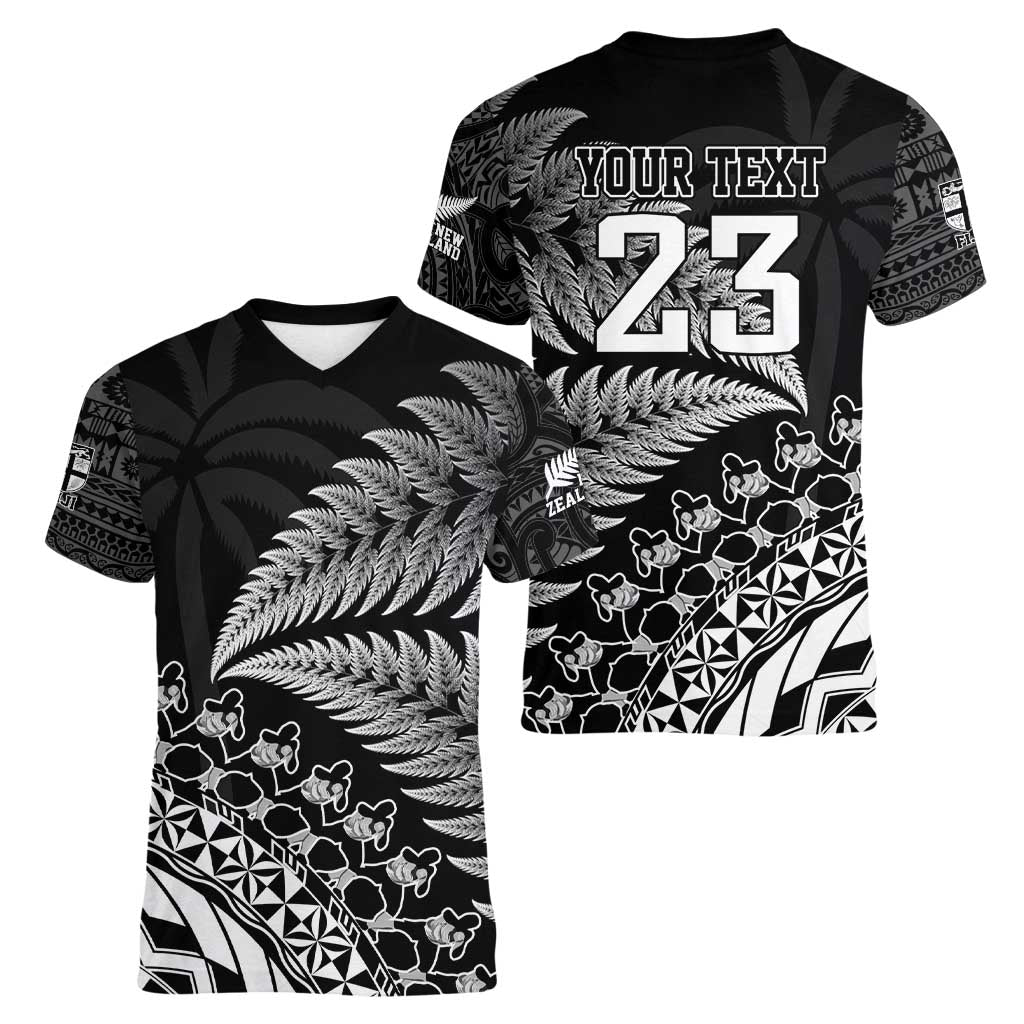 Custom Fiji New Zealand Rugby Women V-Neck T-Shirt Cibi Dance with Black Fern LT9 - Polynesian Pride