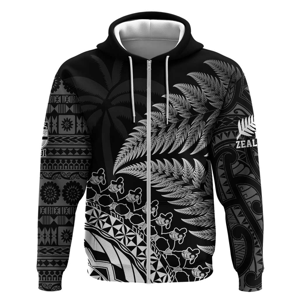 Custom Fiji New Zealand Rugby Zip Hoodie Cibi Dance with Black Fern LT9 Zip Hoodie Black - Polynesian Pride