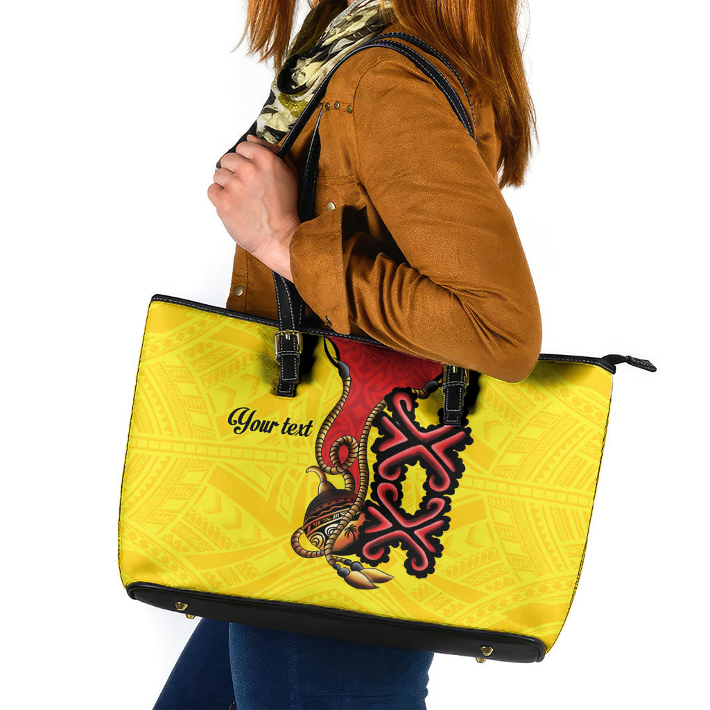 Personalised Papua New Guinea Oro Necklace Leather Tote Bag Gold Melanesia Traditional Pattern LT9 Gold - Polynesian Pride