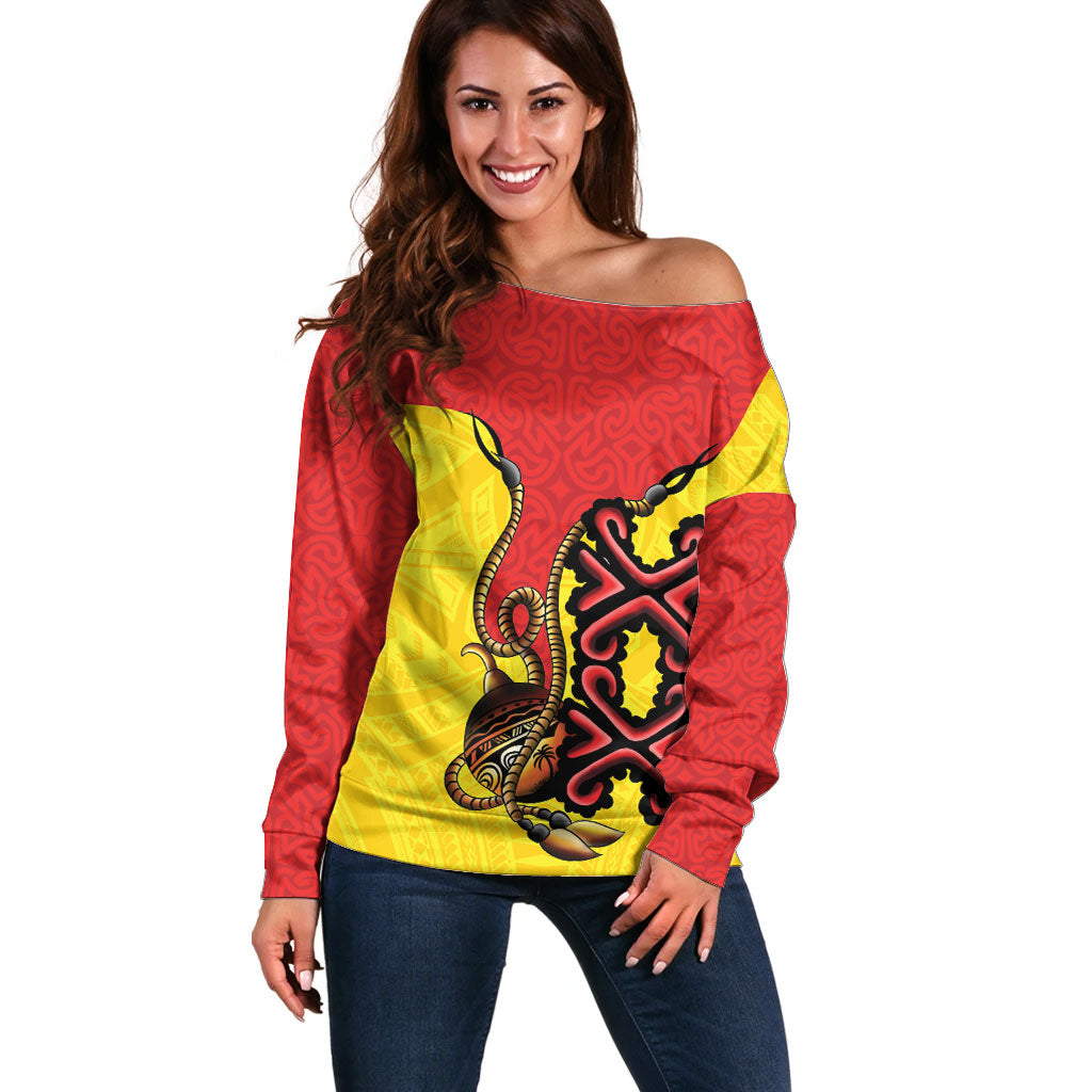 Personalised Papua New Guinea Oro Necklace Off Shoulder Sweater Gold Melanesia Traditional Pattern LT9 Women Gold - Polynesian Pride