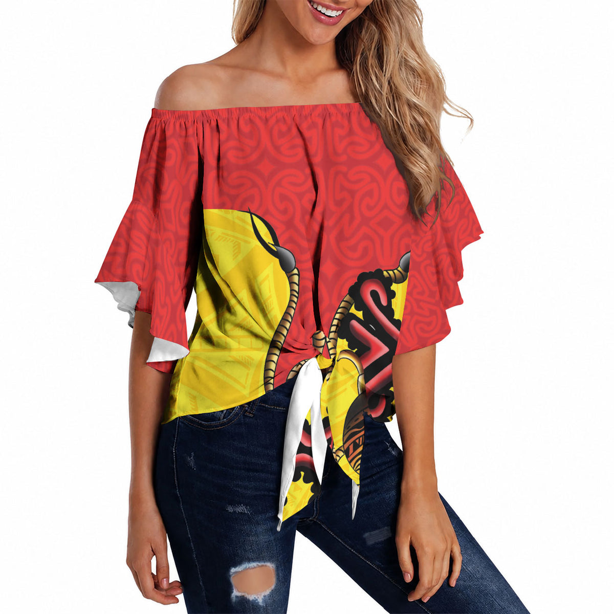 Personalised Papua New Guinea Oro Necklace Off Shoulder Wrap Waist Top Gold Melanesia Traditional Pattern LT9 - Polynesian Pride