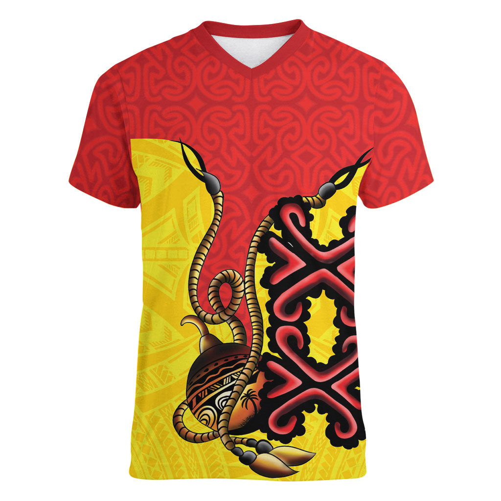 Personalised Papua New Guinea Oro Necklace Women V-Neck T-Shirt Gold Melanesia Traditional Pattern LT9 Female Gold - Polynesian Pride