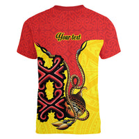 Personalised Papua New Guinea Oro Necklace Women V-Neck T-Shirt Gold Melanesia Traditional Pattern LT9 - Polynesian Pride