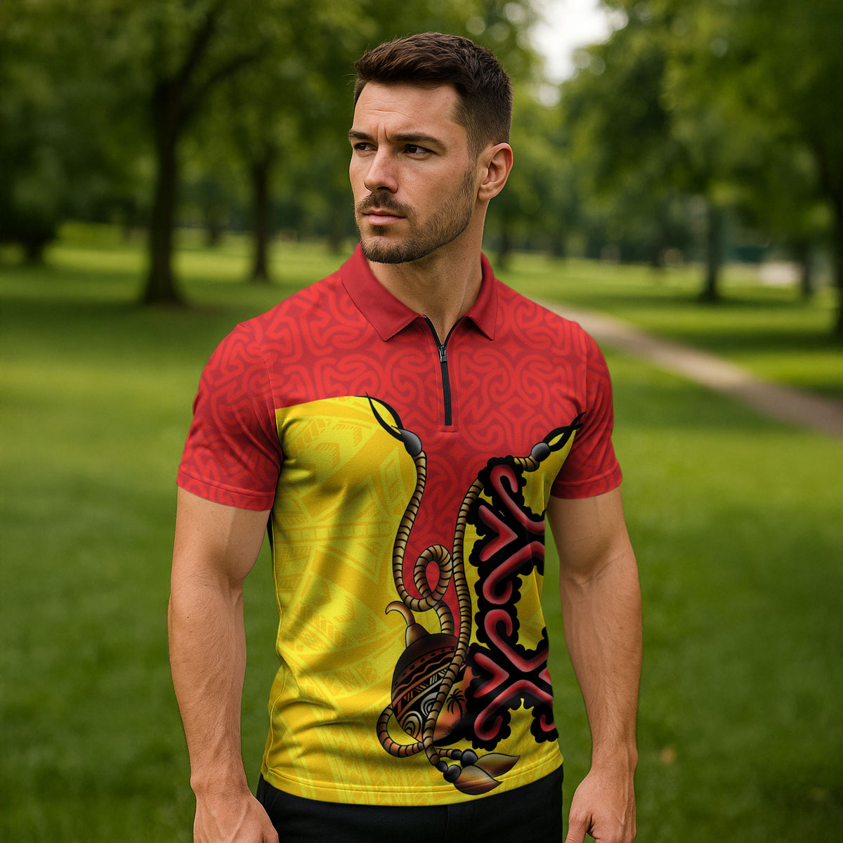 Personalised Papua New Guinea Oro Necklace Zipper Polo Shirt Gold Melanesia Traditional Pattern LT9 - Polynesian Pride