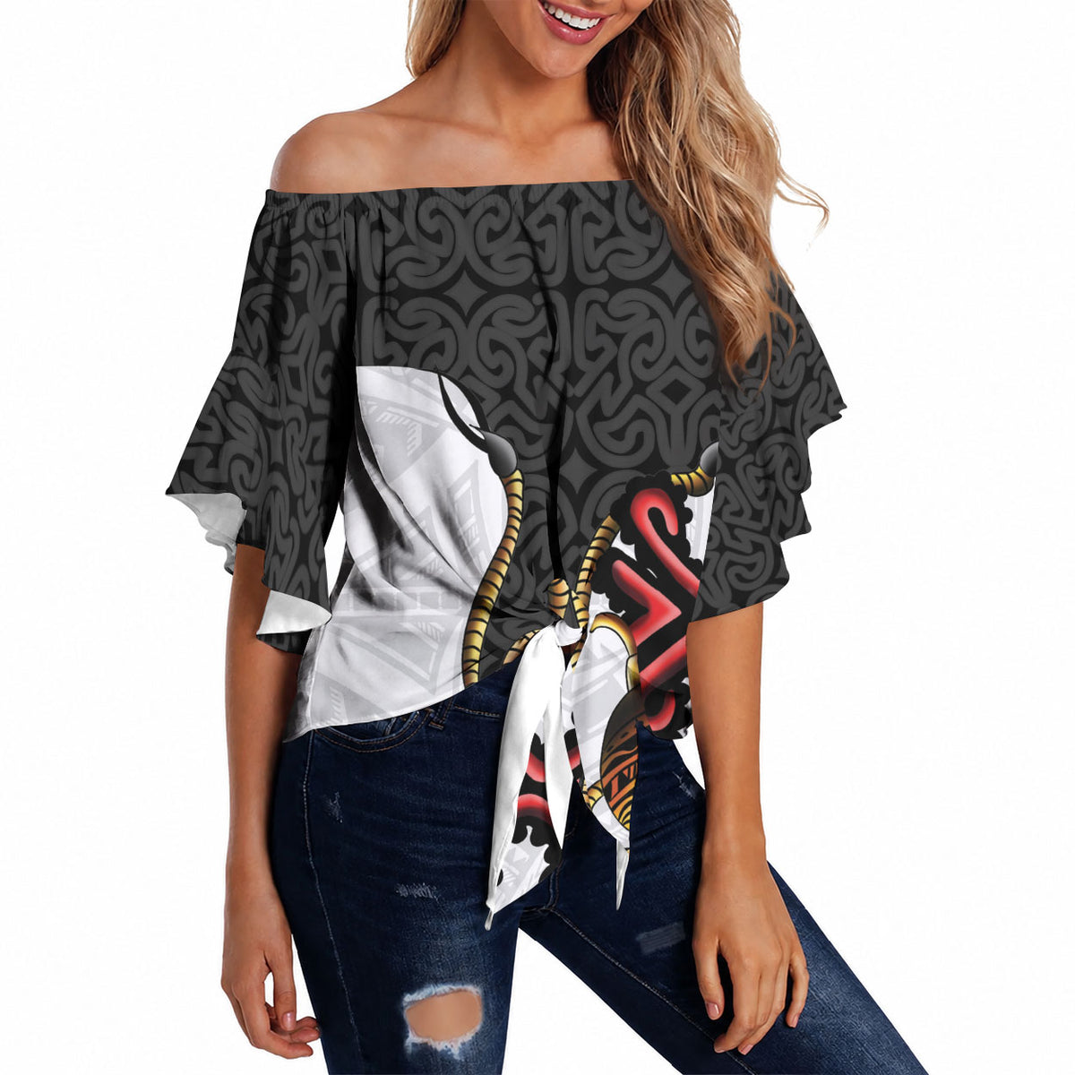 Personalised Papua New Guinea Oro Necklace Off Shoulder Wrap Waist Top Black Melanesia Traditional Pattern LT9 - Polynesian Pride
