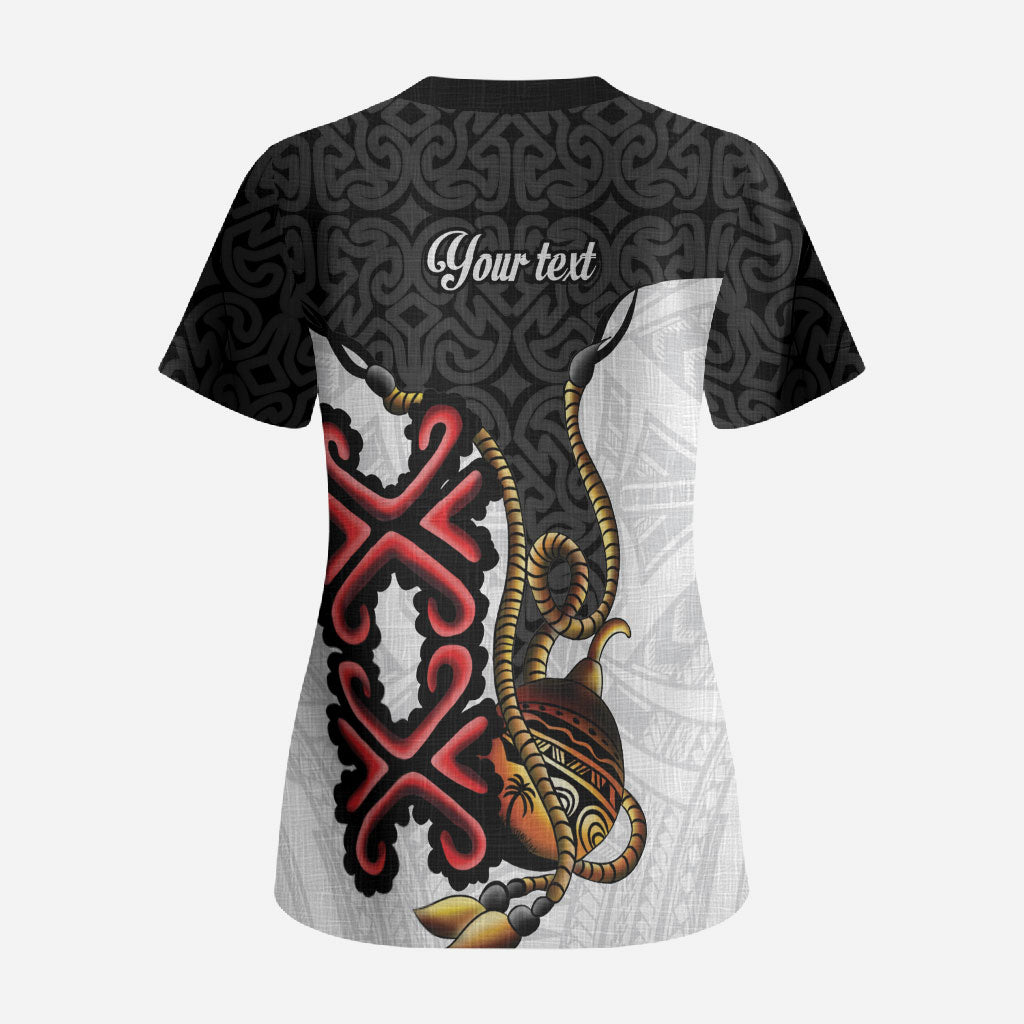 Personalised Papua New Guinea Oro Necklace Scrub Top Black Melanesia Traditional Pattern LT9 - Polynesian Pride