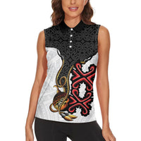 Personalised Papua New Guinea Oro Necklace Women Sleeveless Polo Shirt Black Melanesia Traditional Pattern LT9 - Polynesian Pride