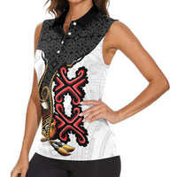 Personalised Papua New Guinea Oro Necklace Women Sleeveless Polo Shirt Black Melanesia Traditional Pattern LT9 - Polynesian Pride
