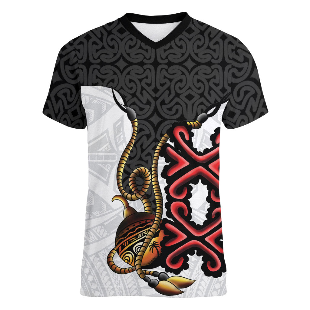 Personalised Papua New Guinea Oro Necklace Women V-Neck T-Shirt Black Melanesia Traditional Pattern LT9 Female Black - Polynesian Pride