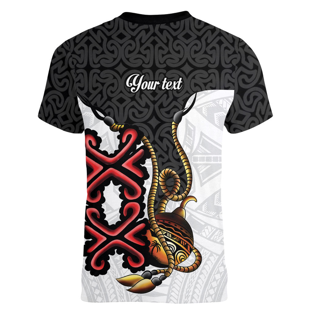 Personalised Papua New Guinea Oro Necklace Women V-Neck T-Shirt Black Melanesia Traditional Pattern LT9 - Polynesian Pride