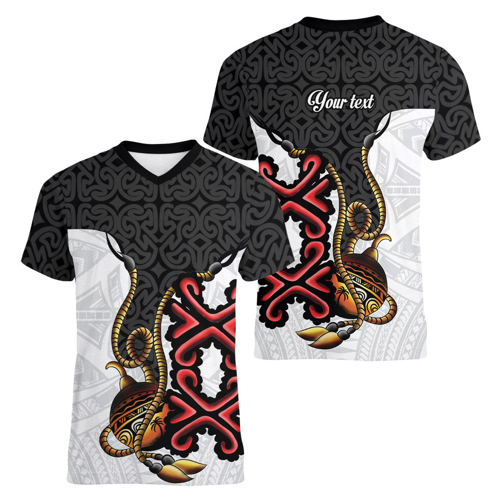 Personalised Papua New Guinea Oro Necklace Women V-Neck T-Shirt Black Melanesia Traditional Pattern LT9 - Polynesian Pride