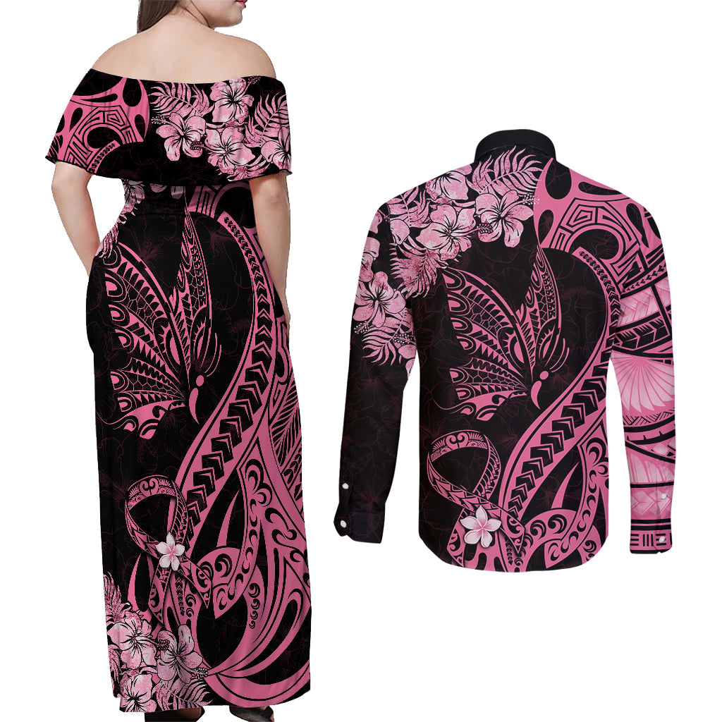 Polynesian Floral Butterfly Couples Matching Off Shoulder Maxi Dress and Long Sleeve Button Shirts Breast Cancer Pink Ribbon LT9 - Polynesian Pride