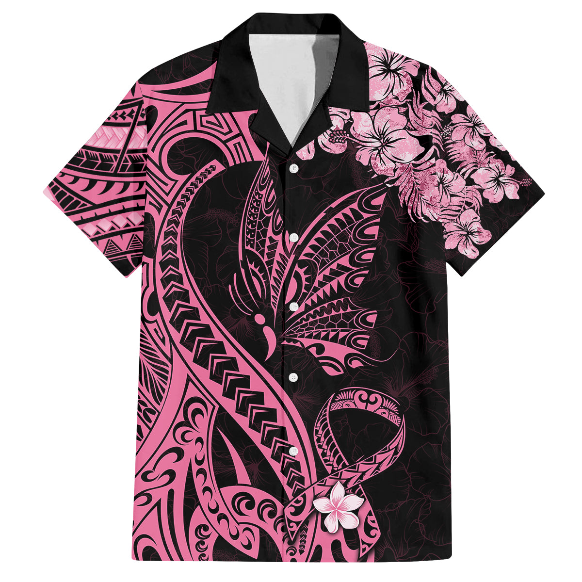 Polynesian Floral Butterfly Family Matching Mermaid Dress and Hawaiian Shirt Breast Cancer Pink Ribbon LT9 Dad's Shirt - Short Sleeve Pink - Polynesian Pride