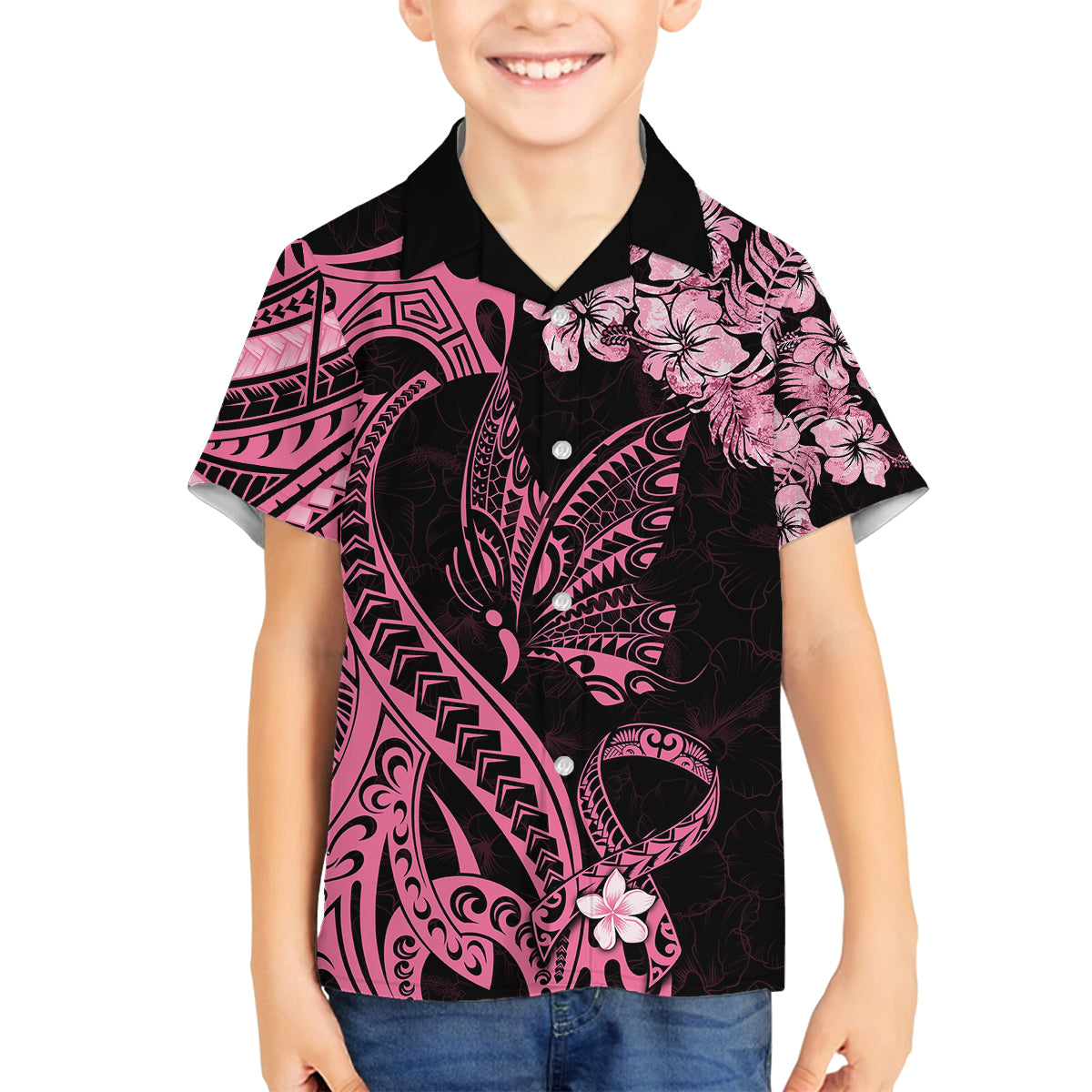 Polynesian Floral Butterfly Family Matching Puletasi Dress and Hawaiian Shirt Breast Cancer Pink Ribbon LT9 Son's Shirt Pink - Polynesian Pride