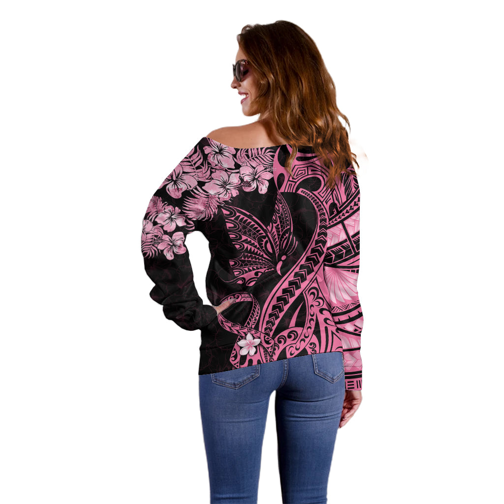 Polynesian Floral Butterfly Off Shoulder Sweater Breast Cancer Pink Ribbon LT9 - Polynesian Pride