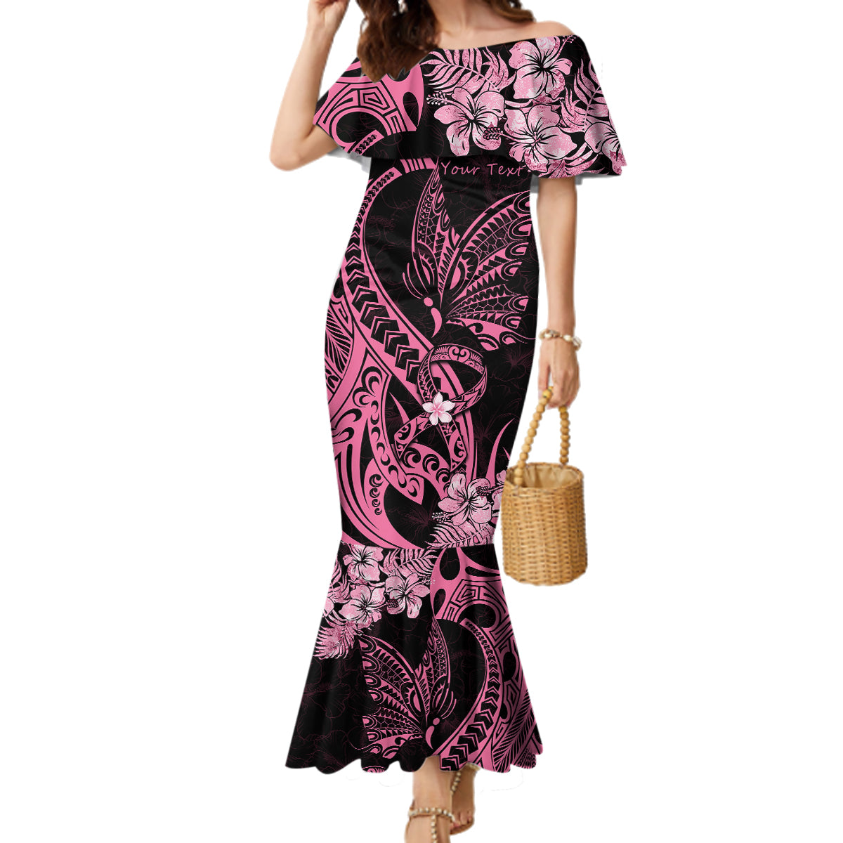 Personalised Polynesian Floral Butterfly Family Matching Mermaid Dress and Hawaiian Shirt Breast Cancer Pink Ribbon LT9 Mom's Dress Pink - Polynesian Pride