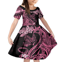 Personalised Polynesian Floral Butterfly Family Matching Off Shoulder Long Sleeve Dress and Hawaiian Shirt Breast Cancer Pink Ribbon LT9 Daughter's Dress Pink - Polynesian Pride