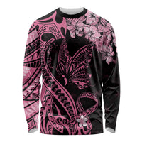 Personalised Polynesian Floral Butterfly Long Sleeve Shirt Breast Cancer Pink Ribbon LT9 Unisex Pink - Polynesian Pride